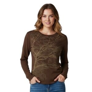 PRANA Dark Brown Long Sleeve Tee Top T-Shirt TREE OF LIFE Organic Cotton SIZE L